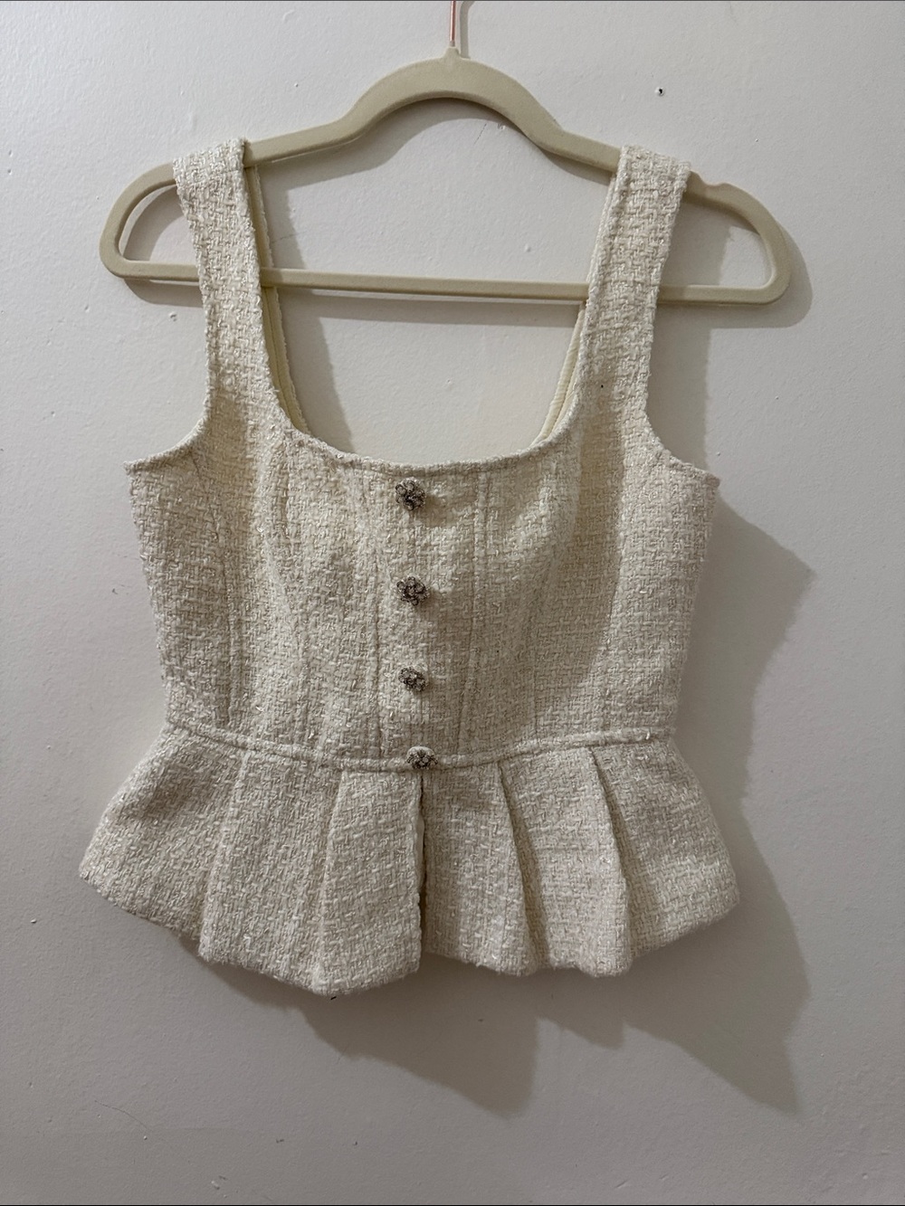 Cream Textured Peplum Camisole with Decorative Buttons - Women
